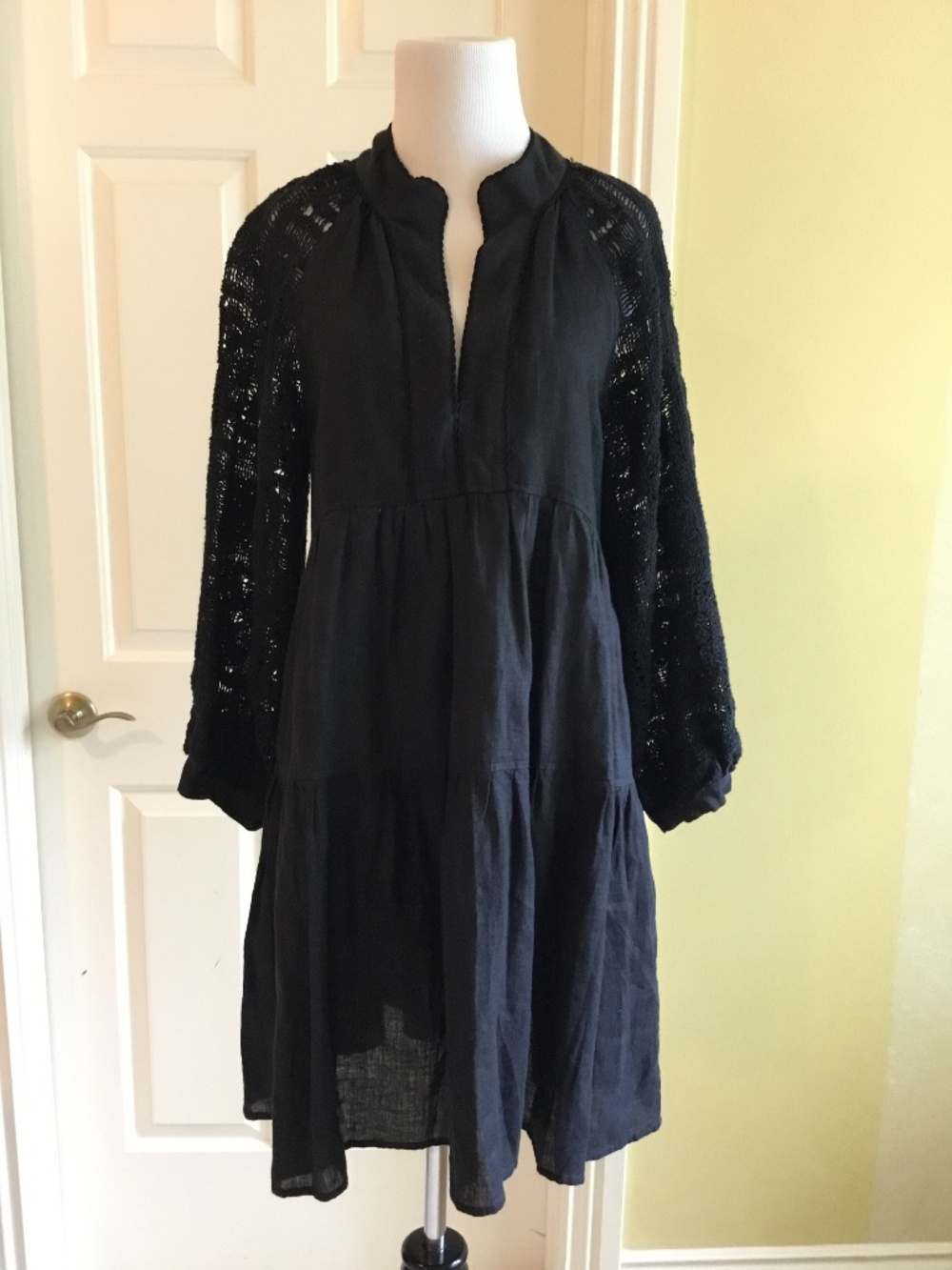 NEMA Resort Wear Black Boho Crochet Sleeve Blend Tunic Mini Dress